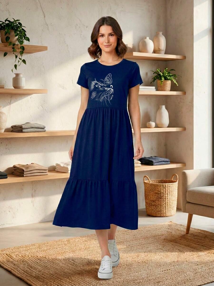 Women's Three-Maria Midi Dress By Aveloz, Cat Animal Print. - Màu xanh hải quân - Xem 1