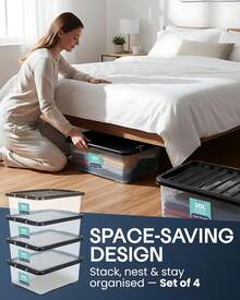 4 Pack 30L Underbed Storage Boxes With Lids |   Clear Plastic Storage Containers With Black Lids |   Stackable Storage Boxes For Home, Office, And Kitchen Organization - 2 - View 8