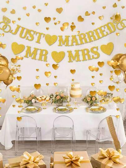 Wedding Party Decor: Gold Sequin "Congratulations" Banner With Heart Shaped Wreath, Suitable For Engagement Party, Proposal Party And Wedding Ceremony Decoration