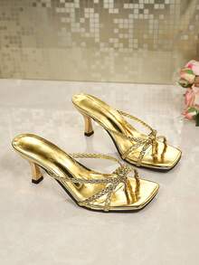 Women's Gold Kitten Heel Mule Sandals, Open Toe Woven Strap, Lightweight And Fashionable High Heels Suitable For Evening Parties, Weddings And Other Occasions - Gold - View 6
