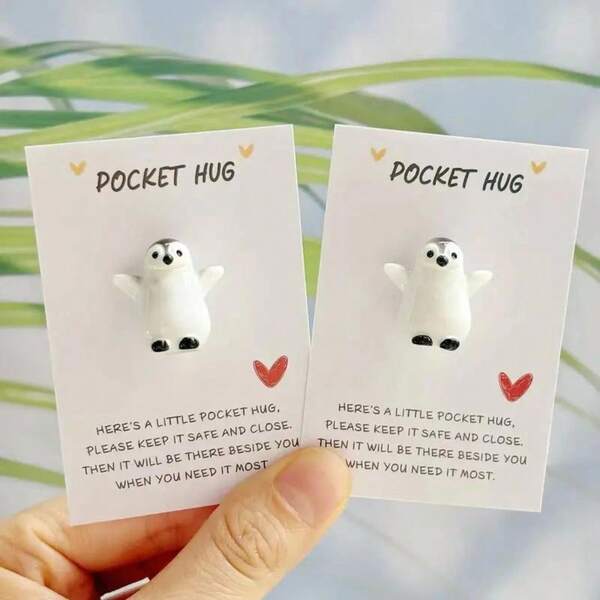 2pcs Cute Penguin Pocket Hug Token With Greeting Card, Mini Resin Penguin Figurine, Inspirational Gift For Friends And Family, Long Distance Relationship Gift And Stress Relief