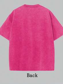 Oversized Washed Gray Short Sleeve Tee, Loose Fit Vintage Streetwear Style, Basic Summer - Hot Pink - View 6