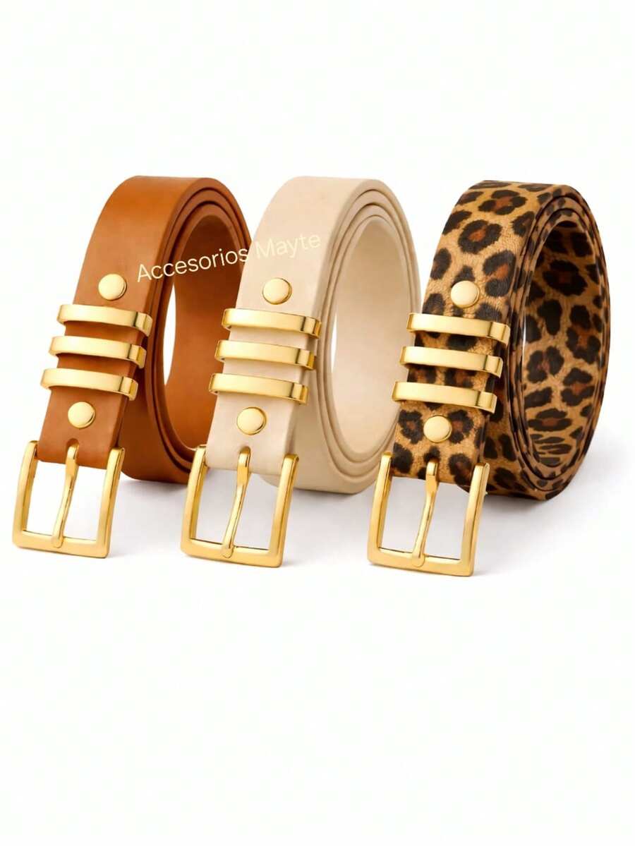 Set Of 3 Women's Belts With Square Buckle, Plus Size - caramelo, beige, leopardo - Ver 1