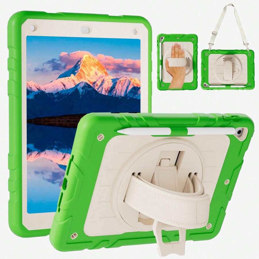 适用于 iPad 9.7 英寸的 360° 旋转硅胶保护套,内置笔槽,腕带可调节,肩带可调节,全方位防震。 - 果綠+米白(有肩帶) - 查看 1