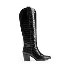 Embroidered Western Boots For Women Comfortable Chunky Heel Pull On Zipper Pointed Toe Knee High Boots Vintage Cowgirl Cowboy Ridding Vacation Boots - 黑PU - 查看 3