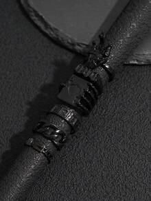 6件套朋克风滴油爱心字母叠戴戒指套装（女士款） - 黑色 - 查看 3