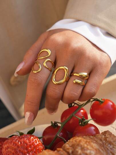 Uself 3 Stücke/1 Stück 18 Karat vergoldeter asymmetrischer ovaler Ringset, fließend gekrümmter offener Band Fingerring Schmuck für den täglichen Gebrauch, Dates, Partys & Geschenke für Frauen, minimalistischer Stil für Liebhaber