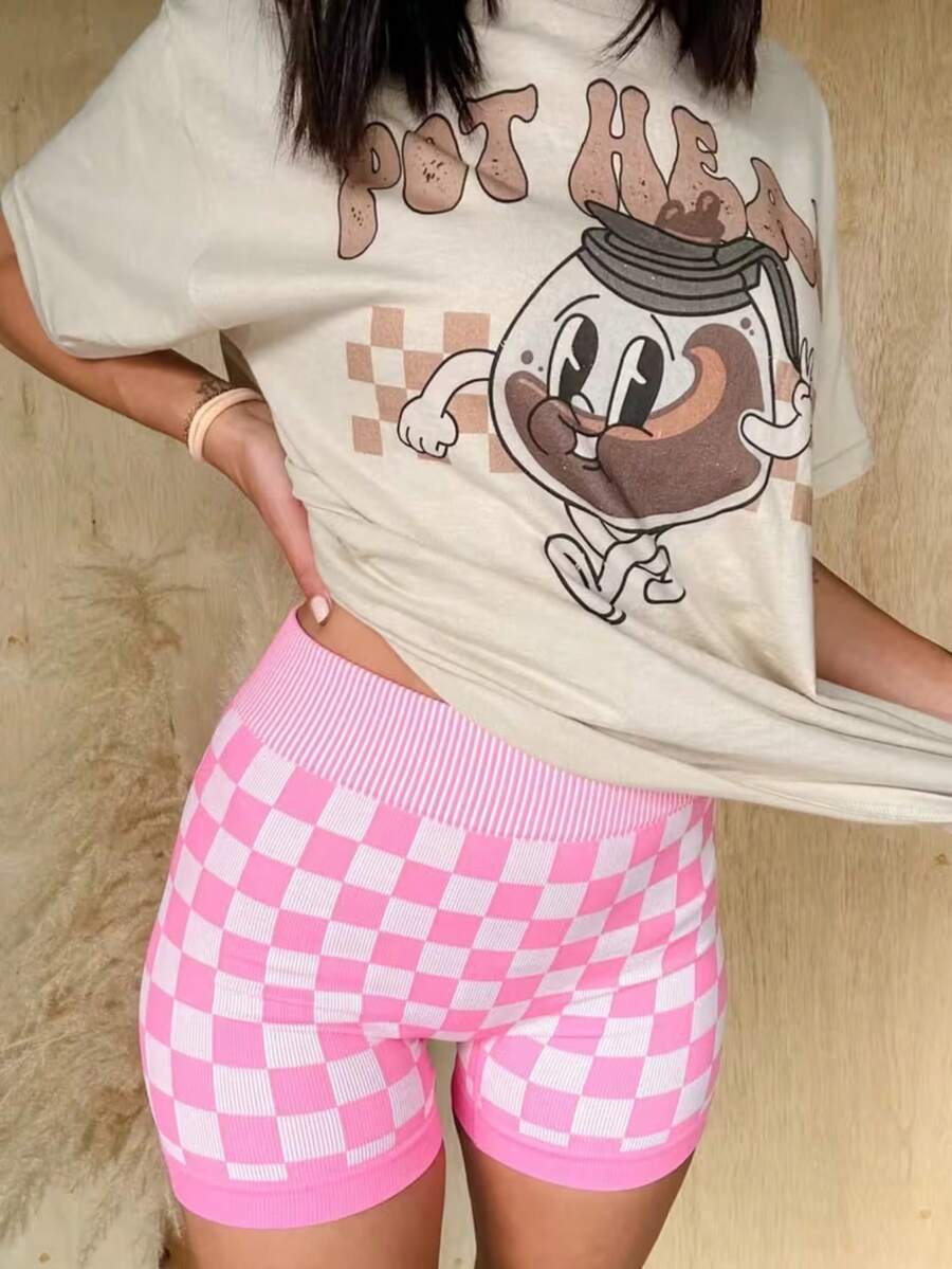 Women's Checkered Shorts – Seamless Knit Slimming Yoga Shorts, Cycling Shorts, Suitable For Casual And Athletic Activities - 粉色 - 查看 1