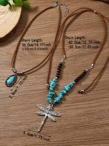 2pcs Bohemian Style Women's Fashion Pendant Necklace, Asymmetrical Stone Inlaid Wooden Bead Chain With Dragonfly Decor, PU Leather Material, Suitable For Festivals, Parties And Casual Outfits - Silver - View 5
