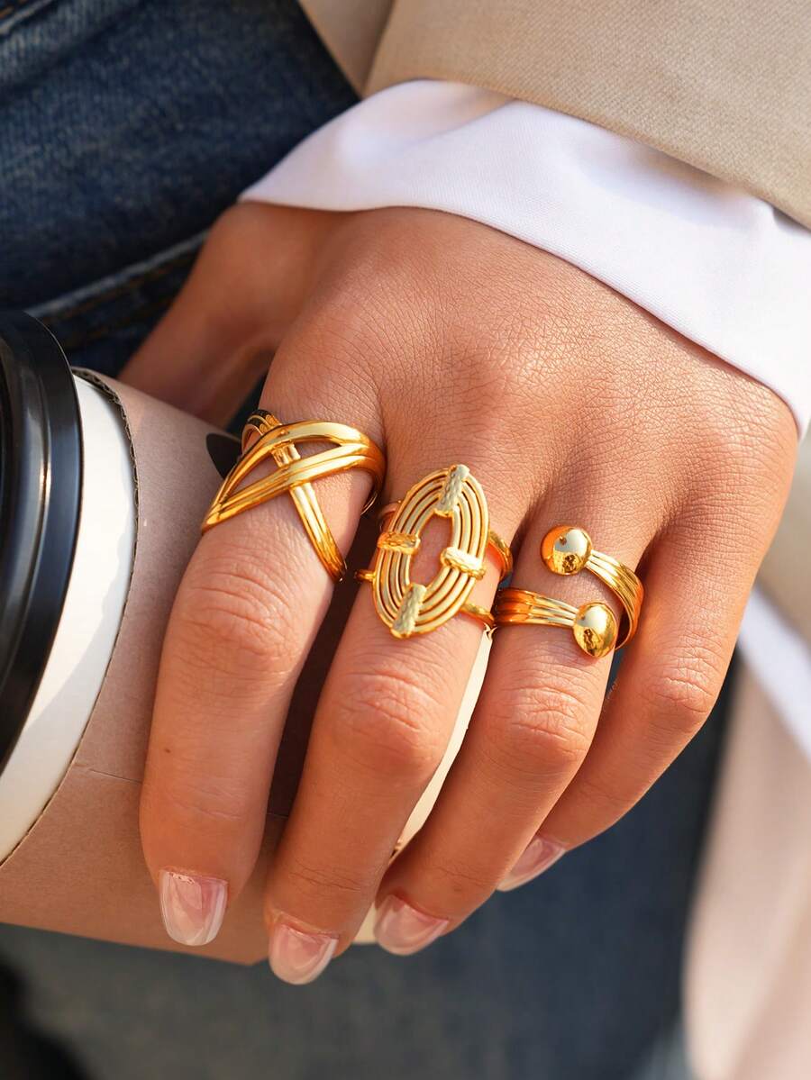 Uself 3pcs/1pc Set Women Thick Gold Stainless Steel Rings, Fashion Rings, Waterproof, Suitable For Daily Wear, Holiday Gift, Jewelry For Her