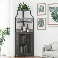 clóset de Esquina para licores con estantes Ajustables, clóset de Barra Industrial 61 Pulgadas, no Empotrado con Puerta de Malla y Soporte de Vidrio para Cocina, Color café rústico. - Roble Fresno - Ver 1