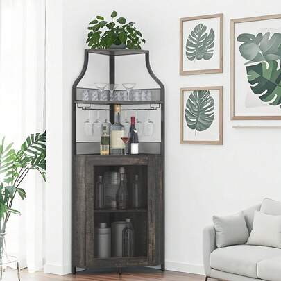 clóset de Esquina para licores con estantes Ajustables, clóset de Barra Industrial 61 Pulgadas, no Empotrado con Puerta de Malla y Soporte de Vidrio para Cocina, Color café rústico.