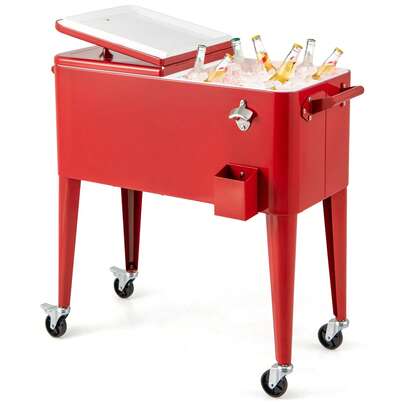  COSTWAY 80-Quart Rolling Patio Cooler On Wheels, Outdoor Beverage Cooler Cart W/ Side Handles, Bottle Opener & Cap Catcher, Portable Insulated Ice Chest For Backyard, Deck, Poolside Parties, Red