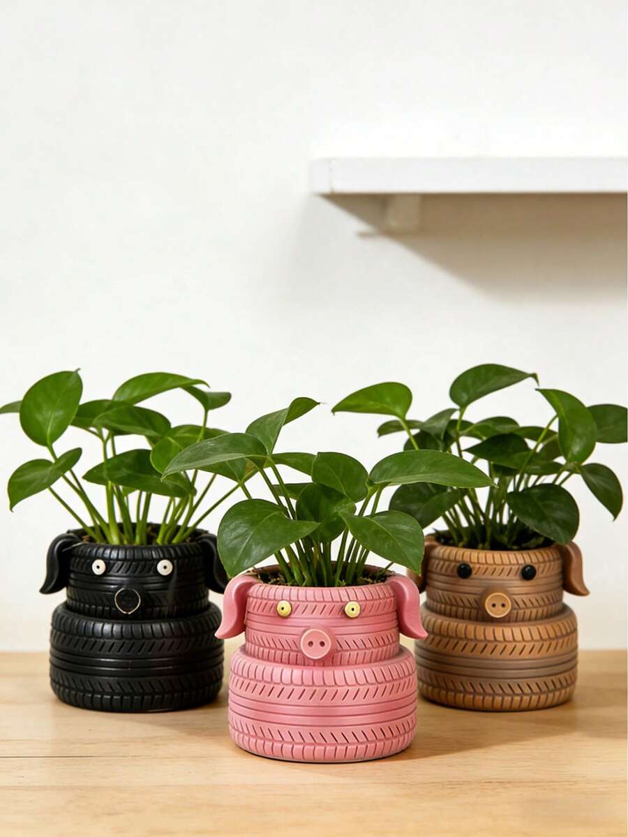 1 pièce Pot de fleurs en forme de pneu avec trou de drainage, pot de fleurs en forme d'animal de dessin animé, pot de plante d'intérieur, pot de fleurs de décoration de maison, pot de fleurs mignon pour femmes, pot de plante grasse, vase en forme de visage, vase de décoration de chambre - Multicolore1 - Voir 1
