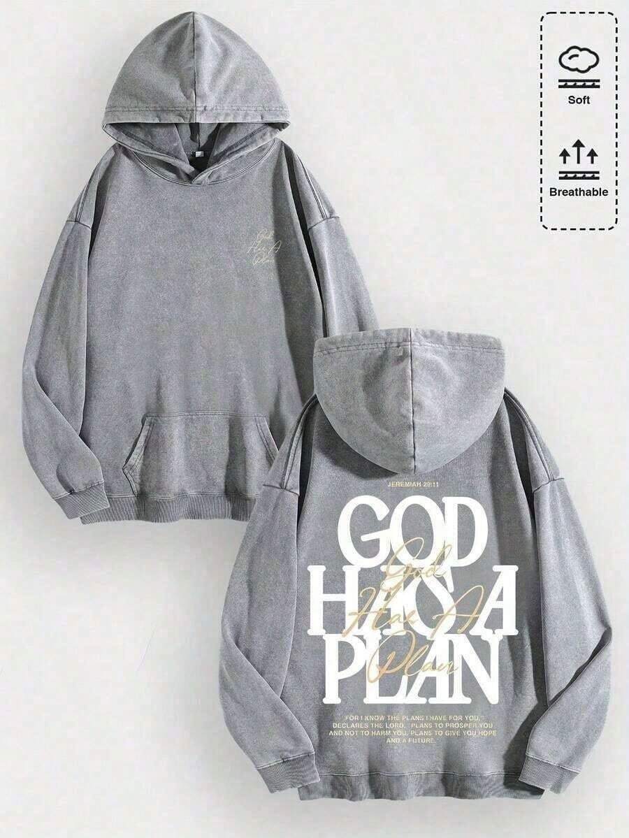 1pcsMen's Unisex "God Has His Plans - Faith Enlightenment" Printed Cotton Hoodie, Vintage Casual Fashion Daily Soft Warm Hoodie, Suitable For Streetwear And Spiritual Aesthetic Enthusiasts, Men's Winter Clothing - 灰色 - 查看 1