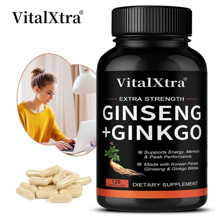 Korean Ginseng + Ginkgo Biloba Extract 2-In-1 Supplement - Each Serving Contains Korean Ginseng And 120mg Of Ginkgo Biloba Extract - Supports Energy, Cognitive Function, And Brain Health - 120 Capsules - 1 chai - Xem 1