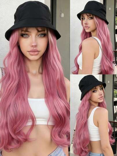 24 Inch Pink Wavy Synthetic Hat Wig (All-In-One) - Synthetic Fiber Wig For Women And Girls; Easy To Wear, Ideal For Daily Use.