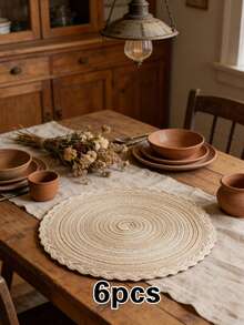 1/4/6pcs Bohemian Woven Round Placemats, Solid Color Woven Lace Tablemats, Non-Slip Pads, Home Kitchen Decor, Bowl Dish Cup Coasters, Suitable For Holiday Party Birthday Wedding Dinner, Multiple Colors Available - Multicolor - View 9