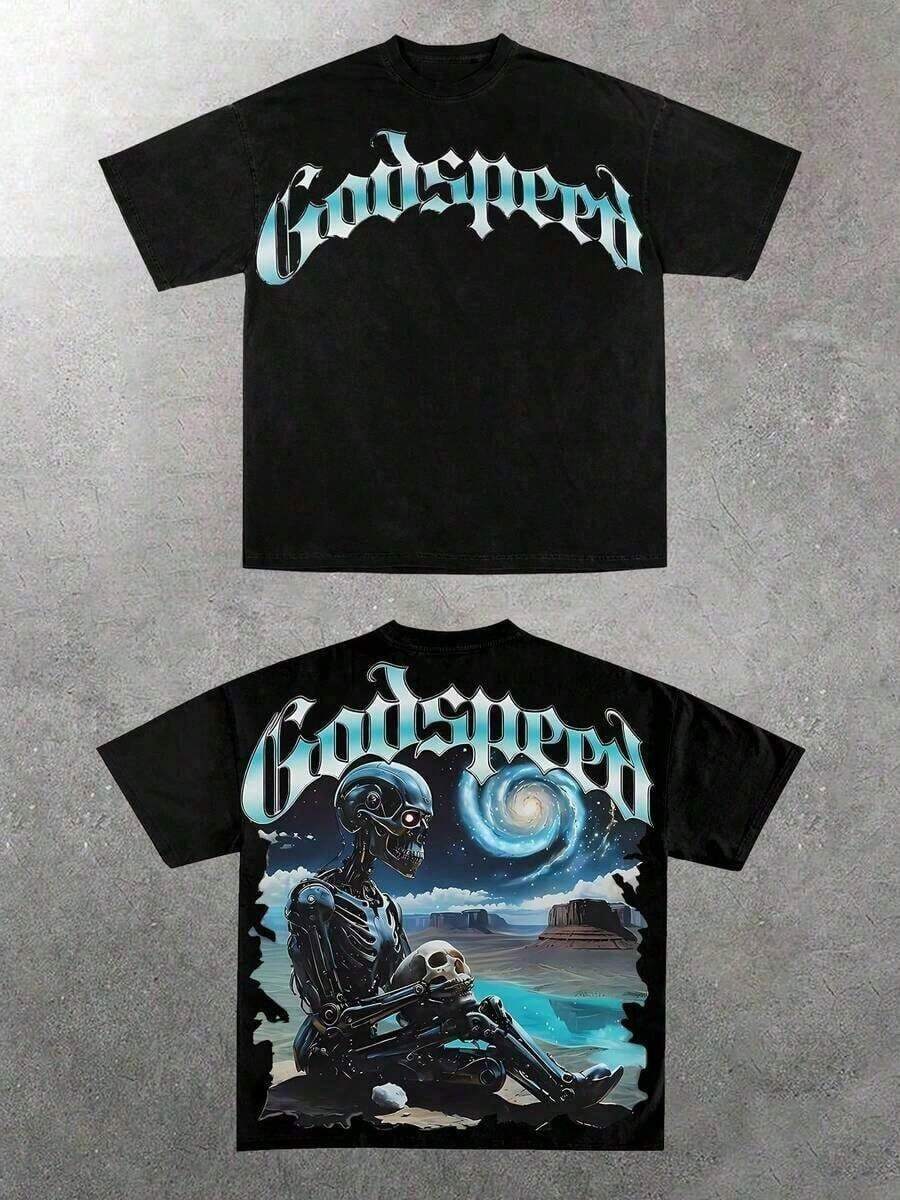 Y2K T Shirts Men, Godspeed Cyber Skeleton Graphic, 100% Cotton Crew Neck Short Sleeve, Black Soft Casual Tee, Oversized Streetwear, Big And Tall,   For Men - Black 2 - 查看 1