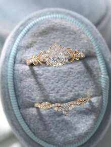 rundraw 2枚2026新款优雅奢华锆石几何花卉图案铜金戒指，适合女性日常、约会、派对、婚礼、订婚等场合佩戴，可搭配日常服饰和配饰，是送给朋友、爱人、情人节、新年等节日的最佳礼物。 - 金色 - 查看 5