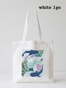 海洋生物印花帆布手提袋，轻便可重复使用，适合泳池度假日常必备 - 彩色 - 查看 26