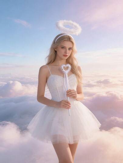 2pcs Angel Costume (Headband, Magic Wand), Elegant Angel Outfit, Angel Attire, Cosplay, Holiday Decoration Props