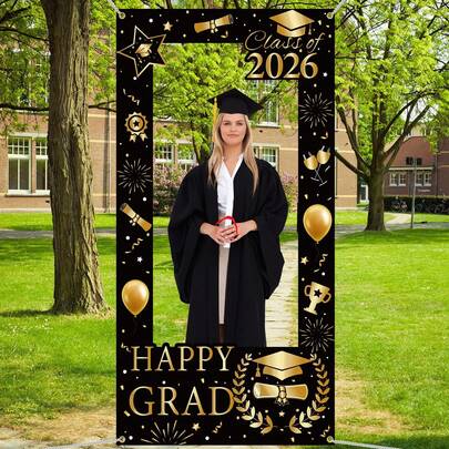 2026 Graduation Photo Frame, 2026 Graduation Decor, 2026 Graduation Happy Doorway Curtain Black Gold Graduation Party Decorations, Congratulations Graduation Photo Studio Background Frame, High School/University Graduation Party Supplies, Graduation Event Photo Props, Graduation Party Photo Frame Sign
