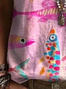 Women's Pink Short Sleeve Knit Round Neck Colorful Fish Print Regular T-Shirt, Slightly Stretchy Vacation Casual Summer - Pink - View 4