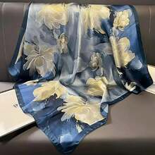 1pc Navy Blue Floral Print Lightweight Headscarf/Shawl, Cream Yellow Flower Bohemian Breathable Scarf Accessory For Spring/Summer, Great Gift - Multicolor - View 3