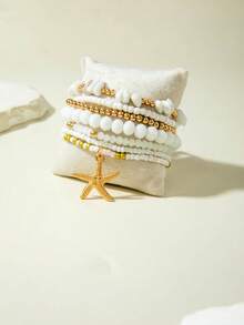 Set de 7 piezas/14 piezas de pulseras trenzadas con estrellas de mar de vidrio estilo bohemio, un regalo precioso para mujeres en vacaciones de playa - Multicolor - Ver 10