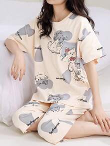 AICJ 2 chiếc áo phông hồng in hình mèo dễ thương và chữ cho nữ, quần dài 3/4/quần đùi/quần dài mặc ở nhà, bộ đồ ngủ dự tiệc mùa xuân hè cho kỳ nghỉ - Nhiều màu - Xem 3
