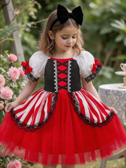 Vestido de fiesta de princesa con inspiración en barco pirata, con contraste de rayas rojas y blancas y malla para niña joven