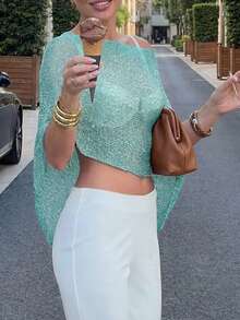 FOR BEAUTY Women's Summer New Knit Top, Casual Style, Light Green Solid Color Loose Shoulder Cover, Bohemian Style, Suitable For Beach And Vacation - Mint Green - View 5