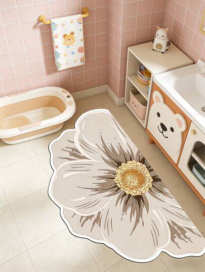 1pc Beige Floral Silicone Algae Mud Mat, Nursery Decor Floor Mat, Decorative Mat, Nursery Bathroom Mat, Children's Play Mat, Decorative Carpet, Bedroom Decor, Small Rug, Carpet, Home Decor, Outdoor Rug, Washable Carpet. Mother's Day Gift