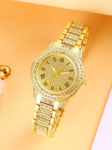 1 pièce Montre-bracelet en quartz doré + 8 pièces Ensemble de bijoux, design minimaliste, convient aux occasions formelles et décontractées, sans boîte cadeau - Mouvement à quartz, alimenté par pile, serti de strass, convient aux occasions décontractées et formelles - Montre de luxe pratique, montre décontractée - Doré - Voir 5