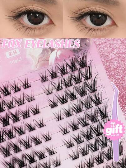 AYRMILLA 100片装仿狐狸毛假睫毛，浓密自然，自带睫毛辅助器，适合新手，3D柔软卷翘，打造百变妆容，时尚妆容必备