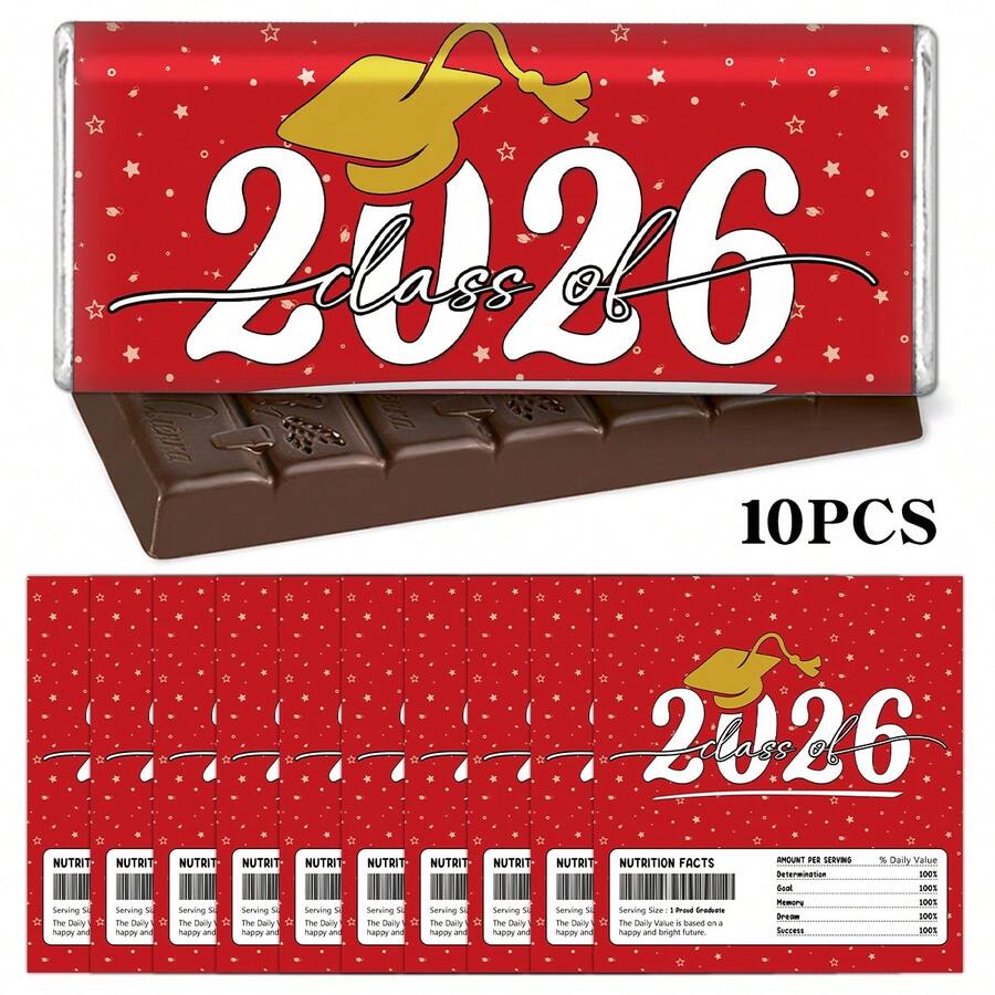 10 Piezas Etiquetas de Chocolate Decorativas para Graduación Clase de 2026, Diseño de Gorra de Graduación Roja y Dorada con Fondo Estrellado (Incluye Etiqueta de Información Nutricional), Pegatinas Divertidas de Chocolate para Regalos, Fiestas y Celebraciones de Graduación - B - Ver 1