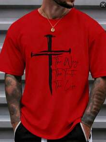 Men's Christian Faith Graphic T-Shirt - The Way The Truth The Life Cross Design, % Cotton Breathable Regular Short Sleeve T-Shirt, Suitable For Spring Summer Casual And Outdoor Wear, Religious Theme Clothing, Casual Wear Bold Graphic T-Shirt Comfortable Style, Christian T-Shirt - Unisex Plus Size Top - 紅色 - 查看 1