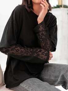 女士休闲蕾丝拼接长袖常规T恤，舒适时尚，适合日常穿着、外出、办公、返校、音乐节、春夏秋季穿着，黑色。 - 黑色 - 查看 5