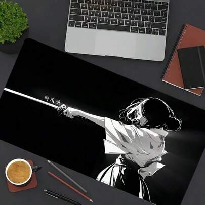 35.4 X 15.7 Inch Japanese Samurai Style Black And White Large Desk Mat, Non-Slip Rubber Bottom Computer Keyboard Mouse Pad, Home Office Gift For Men And Women