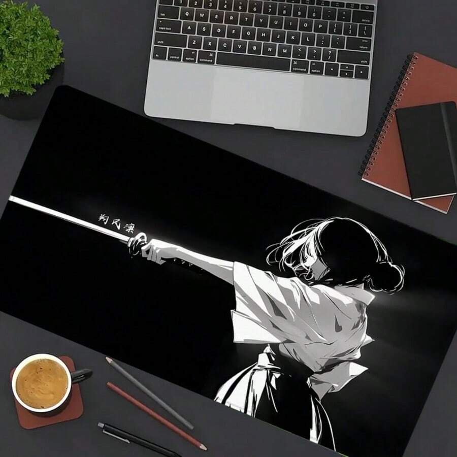 35.4 X 15.7 Inch Japanese Samurai Style Black And White Large Desk Mat, Non-Slip Rubber Bottom Computer Keyboard Mouse Pad, Home Office Gift For Men And Women - View 1
