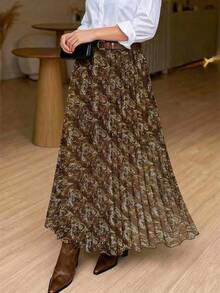 女士优雅佩斯利印花褶裥松紧腰半身裙，适合日常通勤，春夏穿着 - 水上芭蕾 - 查看 1