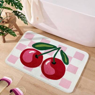 Cute Cherry Bathroom Mat, Bathroom Carpet, Doormat, Bathroom Accessories, Area Rug, Printed Carpet, Non-Slip Suitable For Bathroom, Plaid, Non-Slip Super Soft Fluffy Ultra-Fine Fiber Fun Shower Decor, Pink
