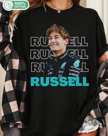 George Russell  F1 Race Car Driver T Shirt With Repeated Text 100% Cotton - màu đen - Xem 6