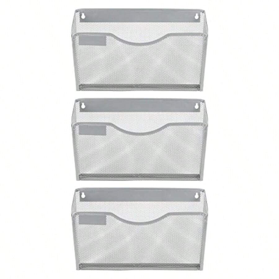 EasyPAG - Paquete de 3 soportes para archivos de pared con panel de etiquetas organizador de archivos colgantes de malla individual para papel tamaño carta A4 cesta de papeleo de montaje en pared - plateado - Ver 1