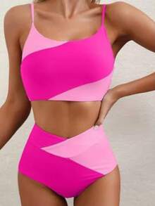 Women's Two Piece Bathing Suits Sleeveless Contrast Color Cami Tops High Waist Thong Sets - Hot Pink - View 1