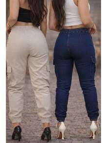 Stillger Moda Jeans Kit 2 Women's Cargo Jeans Jogger High Waist Butt Lifting Premium Pants With Lycra Side Pockets - 米色和深藍色 - 查看 3
