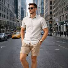 Italian Collar Shirt Short Sleeve Slim Fit Casual - 米色 - 查看 9