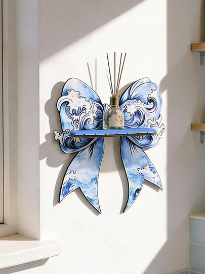 1件蓝色蝴蝶结波浪图案壁挂式置物架，水彩波浪装饰架，装饰植物架，波浪形烛台，波西米亚风墙面装饰，波浪图案壁挂式置物架，波浪形烛台架，波浪形壁挂式置物架，波浪图案装饰架，波浪形壁挂式收纳架，适用于客厅、卧室、走廊、玄关、阳台、庭院、咖啡厅、餐厅、办公室、储物架、装饰花架