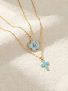 2pcs/Set Youthful Girl's Sweet Fashion Five-Leaf Flower & Cross Pendant Necklace, Suitable For Summer Beach Party, Vacation, Holiday, Date, Birthday Gift, Daily Accessory - one-size - View 3